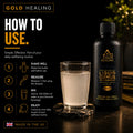 A bottle of Gold Healing Liquid Ormus Marine Gold 200ml is shown next to a glass of the prepared drink on a dark tabletop, with a 'How to Use' infographic overlay on the left.