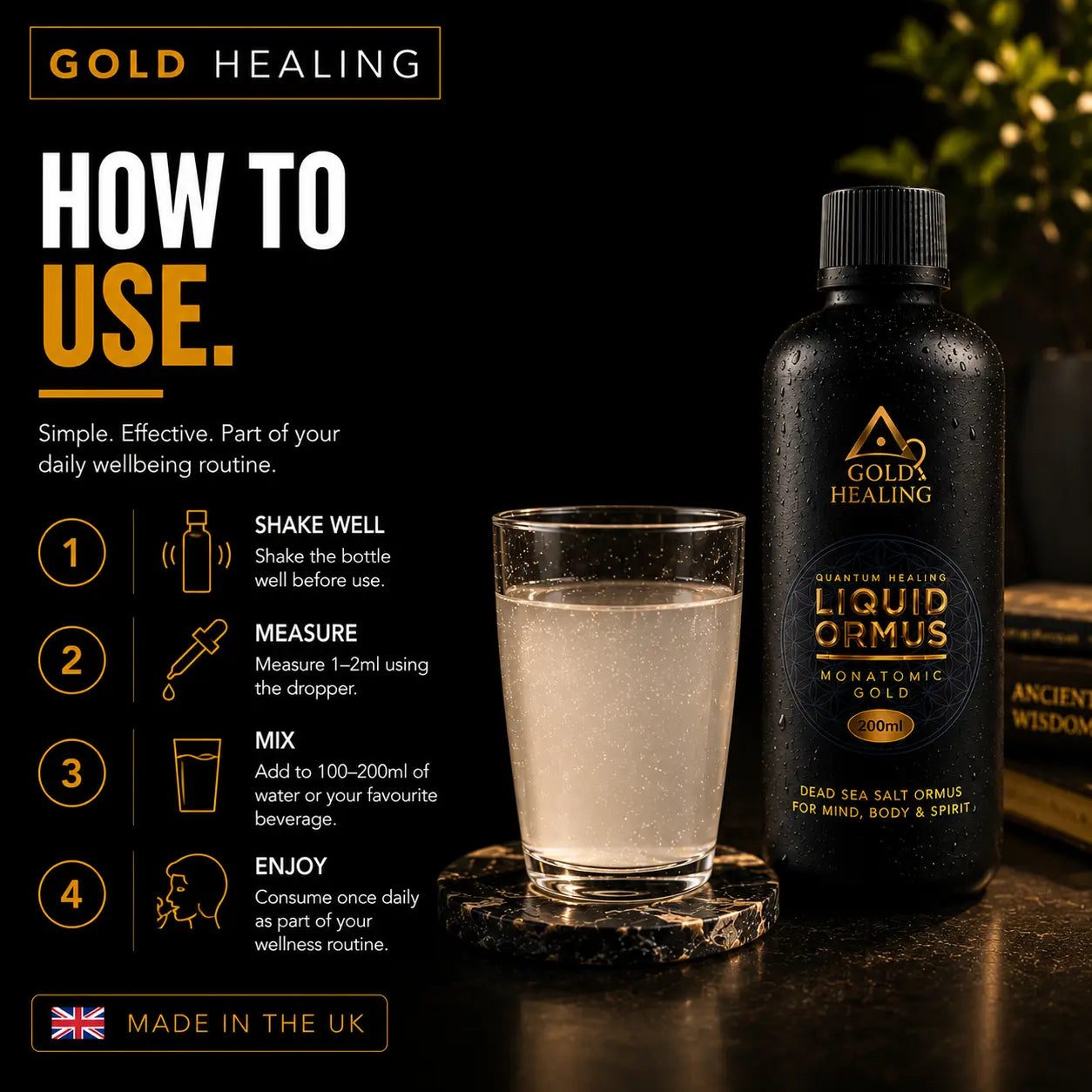 A bottle of Gold Healing Liquid Ormus Marine Gold 200ml is shown next to a glass of the prepared drink on a dark tabletop, with a 'How to Use' infographic overlay on the left.