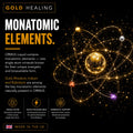 Promotional graphic for ORMUS Liquid 'Gold Healing' featuring monatomic elements. The design has a black background with glowing gold and orange atom models, white and gold text, and three feature icons at the bottom highlighting single atom mineral purity, biavailability, and energetic support.