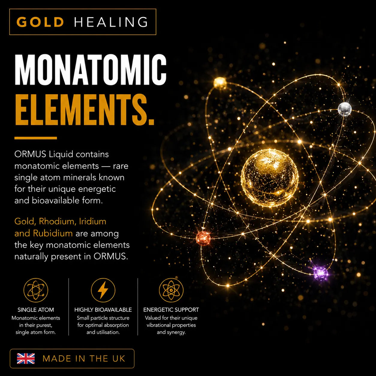 Promotional graphic for ORMUS Liquid 'Gold Healing' featuring monatomic elements. The design has a black background with glowing gold and orange atom models, white and gold text, and three feature icons at the bottom highlighting single atom mineral purity, biavailability, and energetic support.