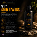 A bottle of Gold Healing Liquid Omrus Quantum Healing Monatonic Gold sea salt oromus, set on a dark stone surface next to a burlap sack, with a promotional text overlay on the left.