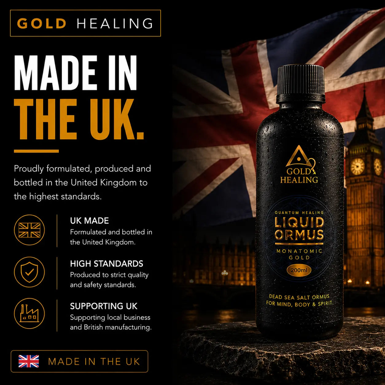 A bottle of Gold Healing Liquid Omrus Monatomic Gold tincture displayed on a stone pedestal against a dark background with a Union Jack and Big Ben. The left side features a black panel with 'MADE IN THE UK.