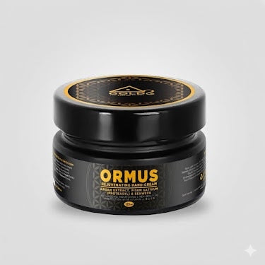 Black jar of ORMUS cream with gold text on a light gray background