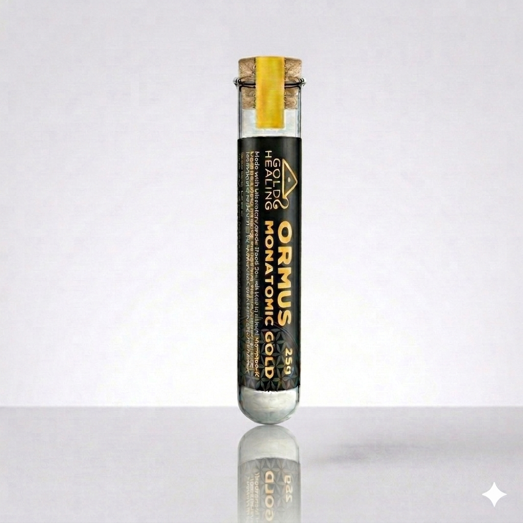 Ormus Monatomic Gold product in a test tube on a white background