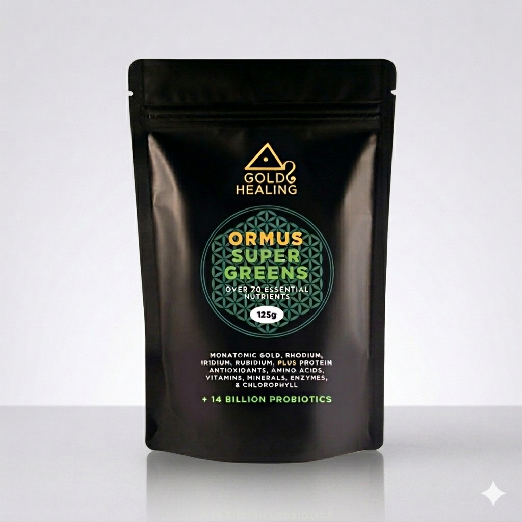 Gold Healing Ormus Super Greens package on a white background