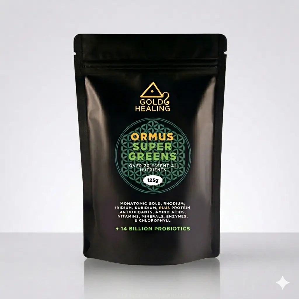 Gold Healing Ormus Super Greens package on a white background