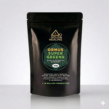 Gold Healing Ormus Super Greens package on a white background