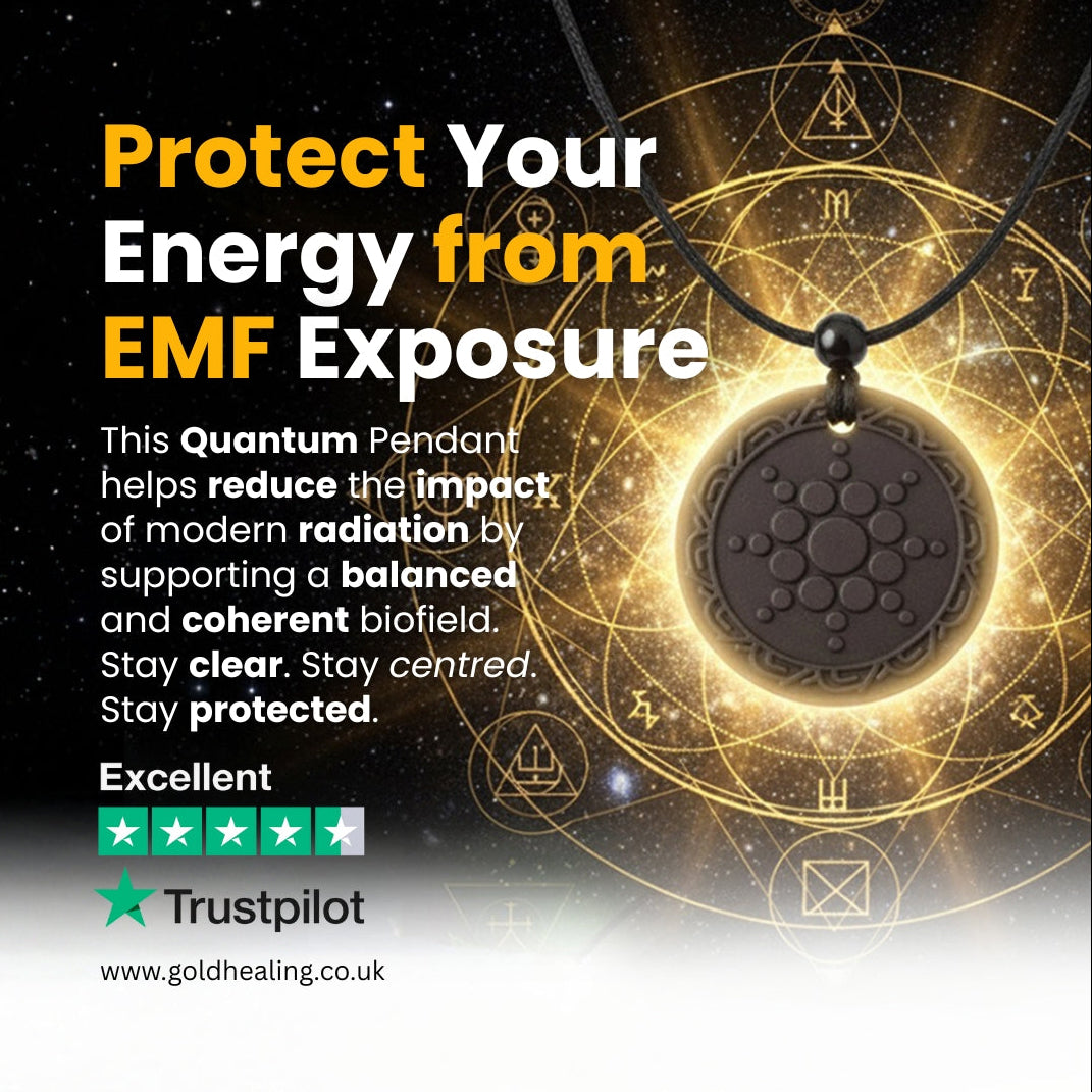 Quantum pendant advertisement with energy protection text and Trustpilot rating.