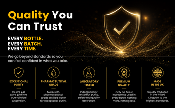 Premium colloidal gold quality assurance infographic with laboratory tested purity and UK made standards