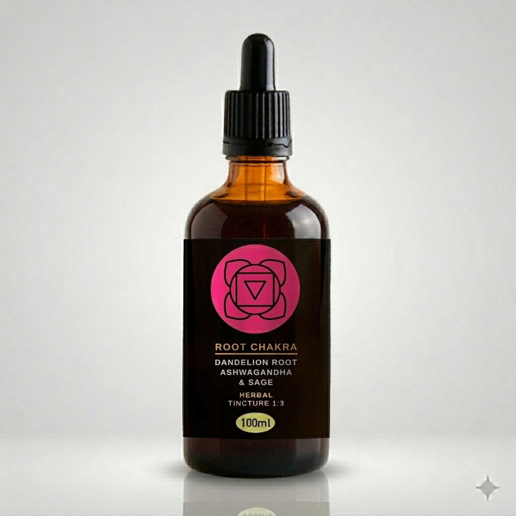 Bottle of Root Chakra tincture with a black label on a gray background