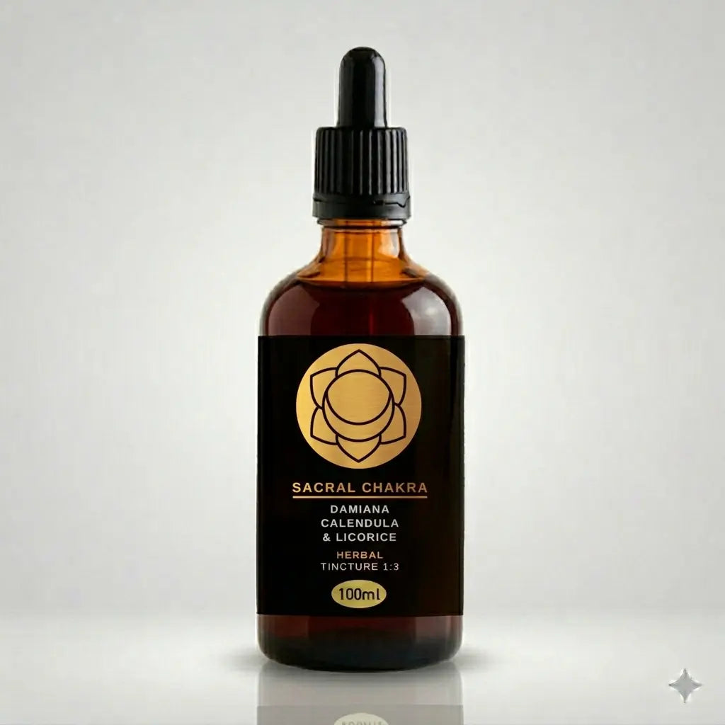 Bottle of 'Sacral Chakra' herbal tincture with a black label on a light gray background