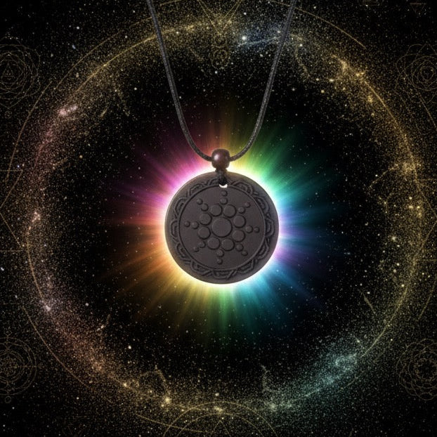Anti EMF SCALAR pendant with rainbow light effects on a starry background