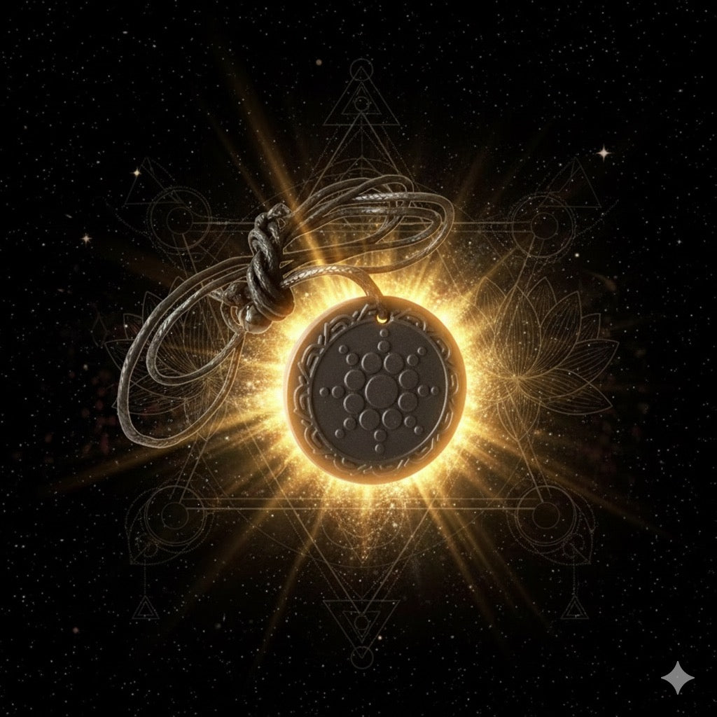 Decorative pendant with intricate design on a dark background with star-like elements