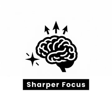About us product benefits Logo of a brain with arrows pointing towards it and the text 'Sharper Focus' below on a white background.