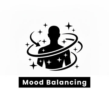 About us product benefits Black silhouette of a person with stars and arrows labeled 'Mood Balancing' on a white background