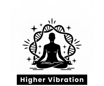 About us product benefits Black silhouette of a meditating person with 'Higher Vibration' text on a white backgroundfits 