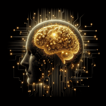 Gold Healing Artistic depiction of a human head with a golden brain and circuitry on a black background