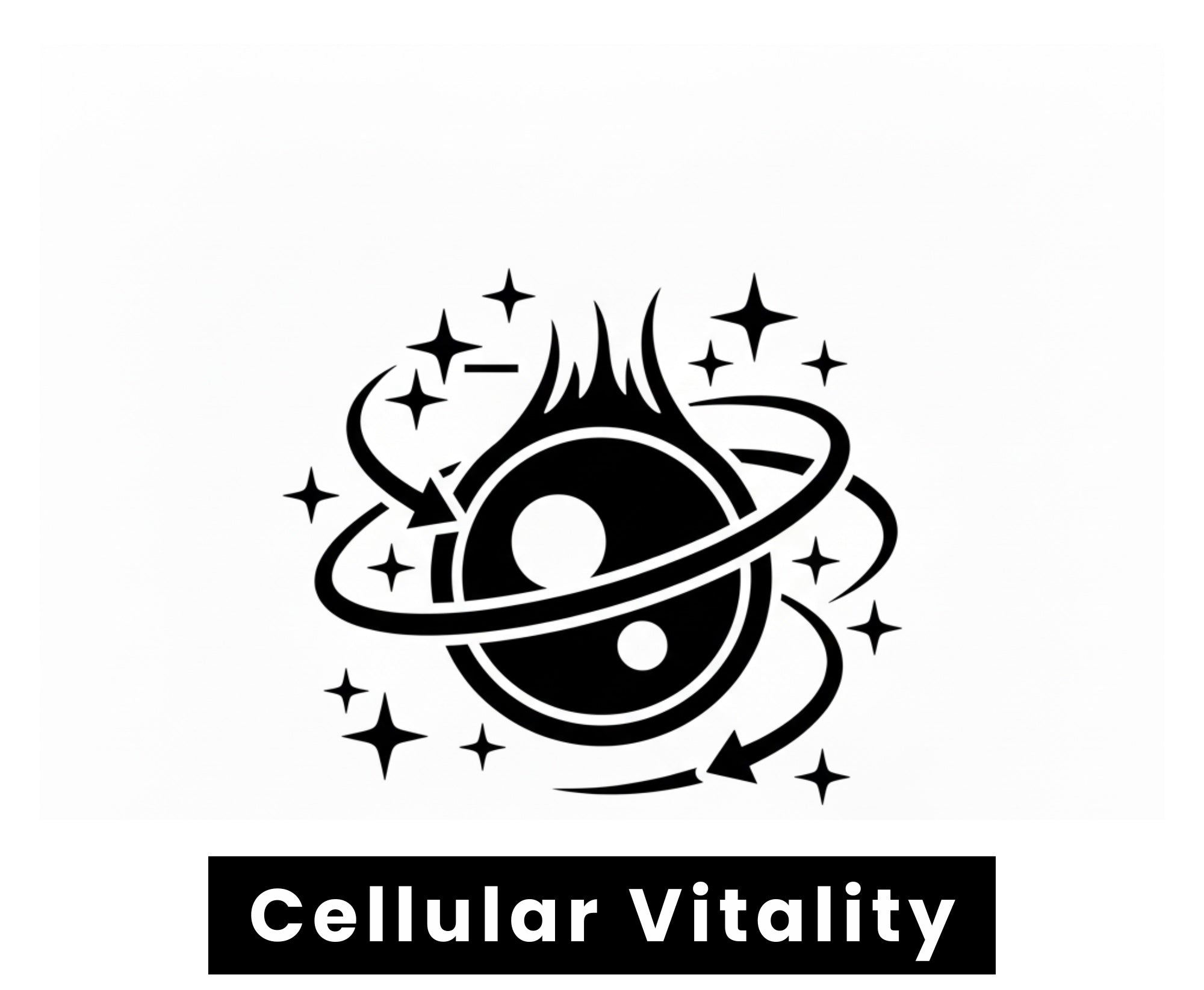 About us product benefits Black and white logo with 'Cellular Vitality' text on a white background