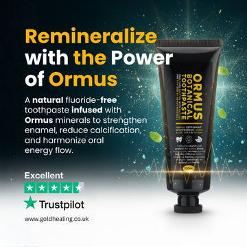 Ormus Botanical Flouride Free Toothpaste tube with promotional text on a dark background