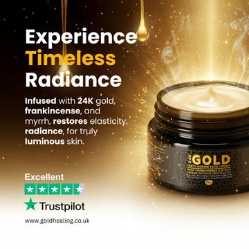 Advertisement for Gold Healing 24K Gold Anti-Ageing Face Cream with text and product on a dark background.