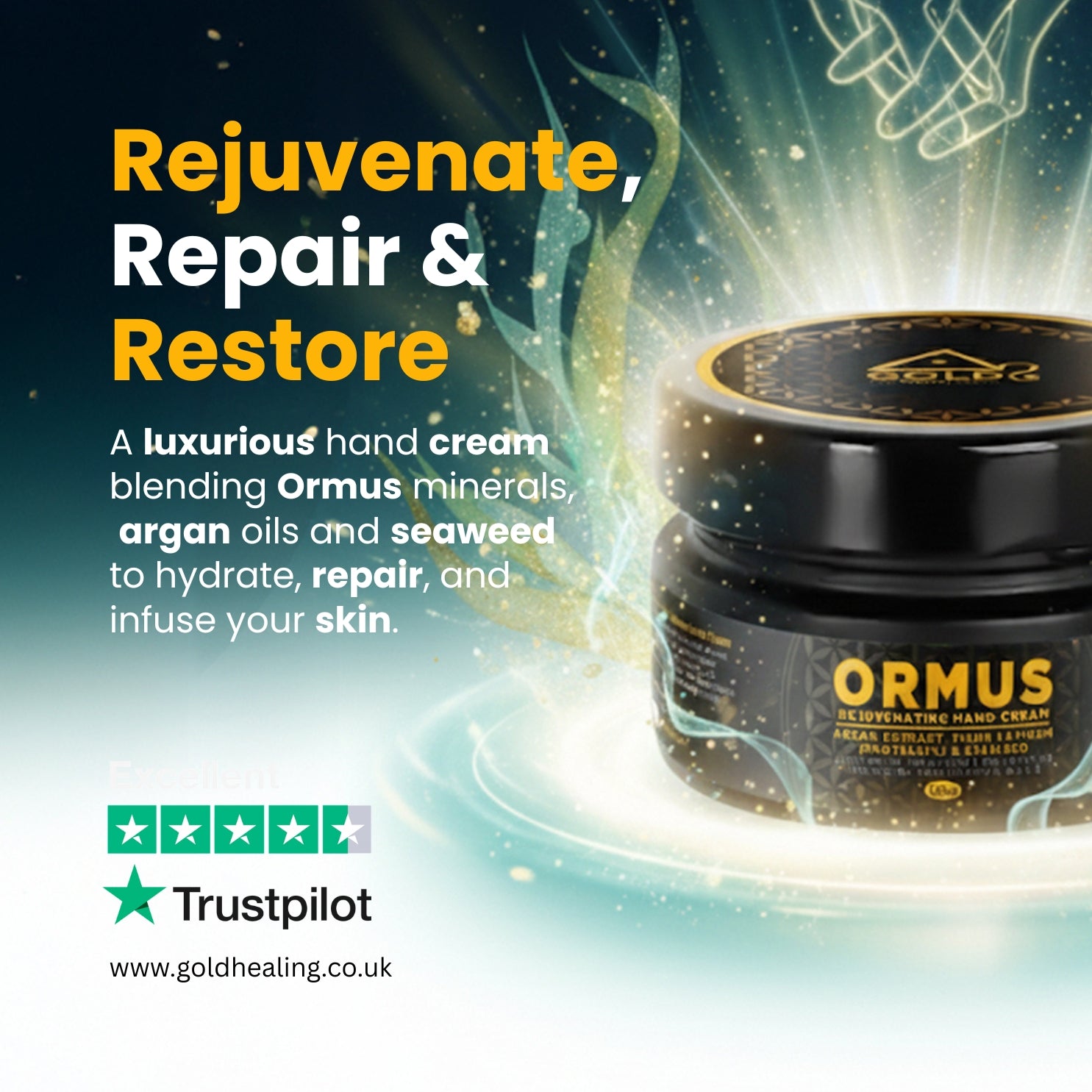 Ormus Rejuvenating Hand Cream with promotional text and Gold Healing branding.
