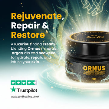 Ormus Rejuvenating Hand Cream with promotional text and Gold Healing branding.