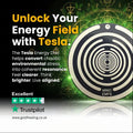 Tesla Energy Disc with promotional text and Trustpilot rating on a dark background