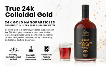     True 24k colloidal gold nanoparticles suspended in ultra pure distilled water with Faraday electrolysis production