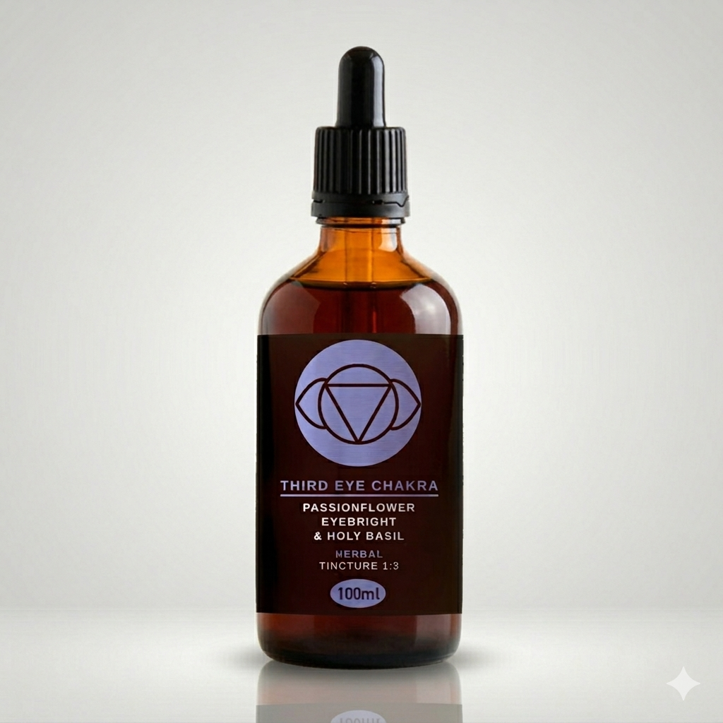Bottle of Third Eye Chakra tincture with a dropper on a light gray background