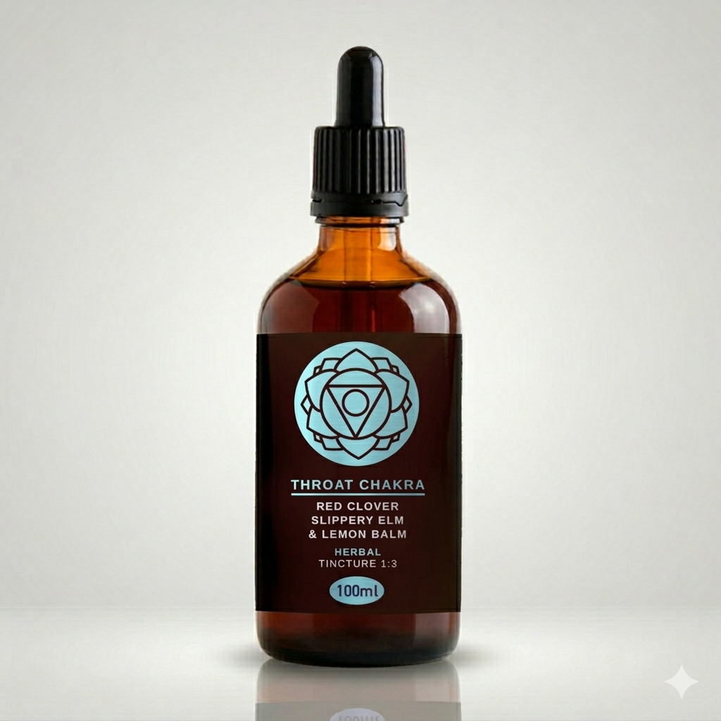 Bottle of Throat Chakra herbal tincture with a dropper on a light gray background