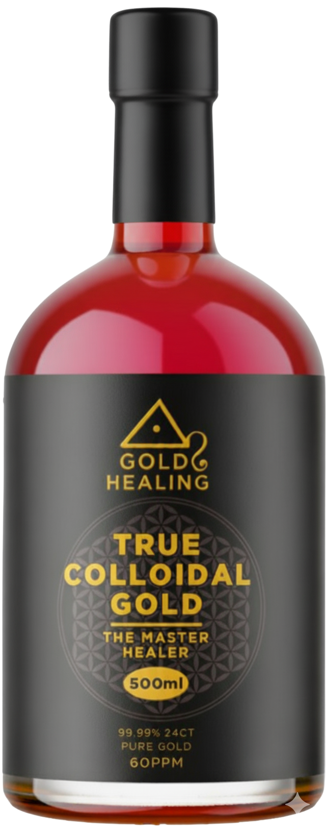 Bottle of Gold Healing True Colloidal Gold with black cap and label.
