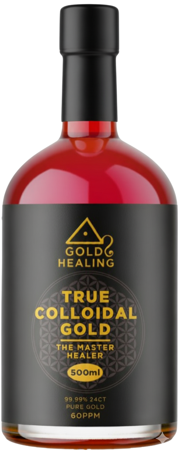 Bottle of Gold Healing True Colloidal Gold with black cap and label.