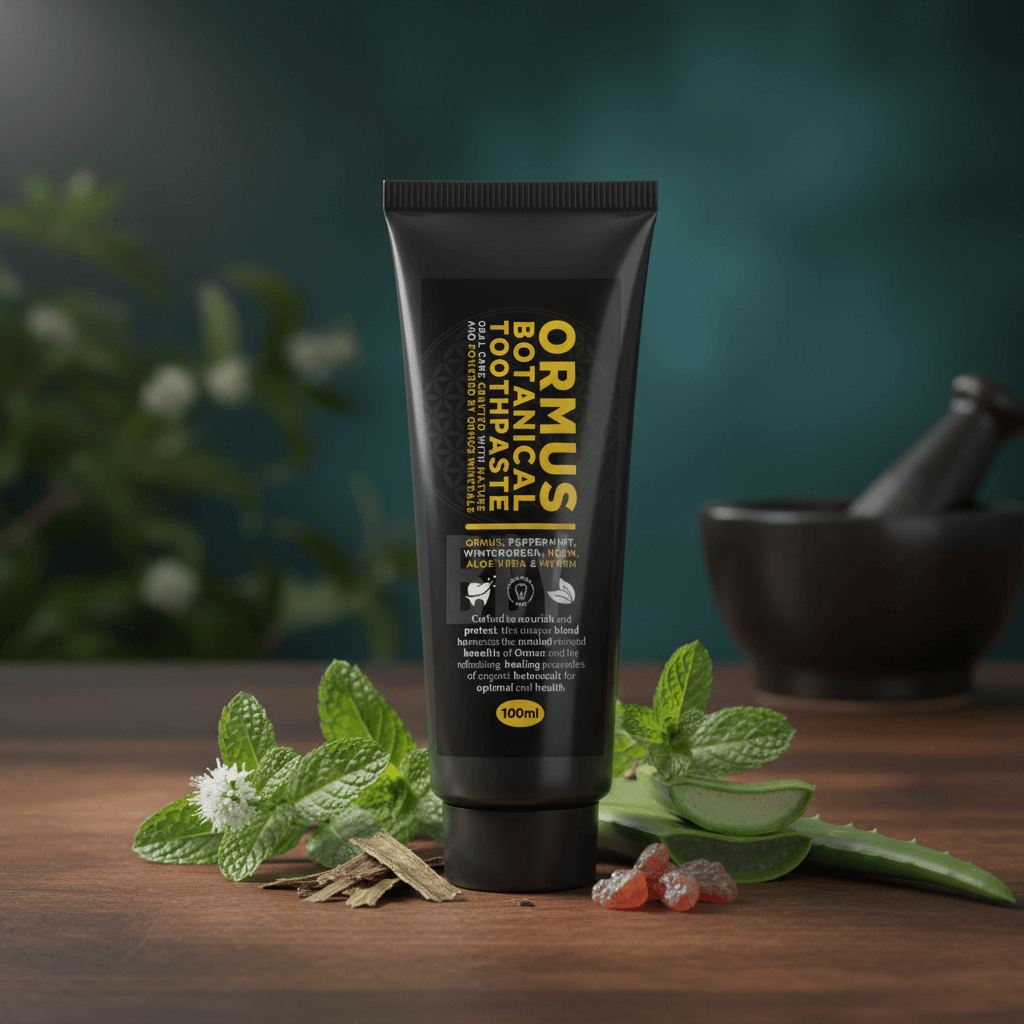 Ormus Botanical Toothpaste 100ml tube with natural ingredients displayed on a wooden surface, promoting wellness.