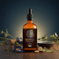 Lucid Dreaming Tincture in a dark amber bottle with herbs in the background, promoting wellness and vivid dreams.