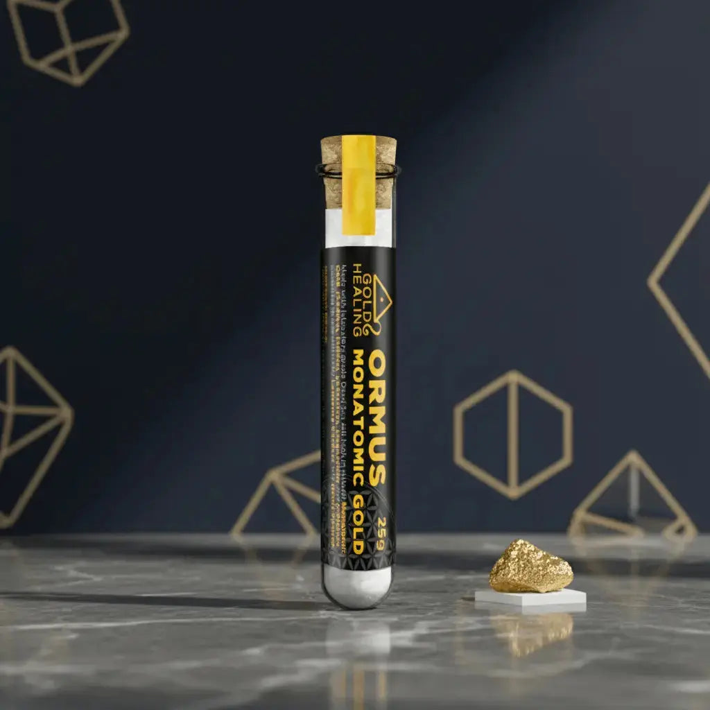 Gold Healing Monatomic Gold Powder displayed with geometric forms and a gold mineral sample