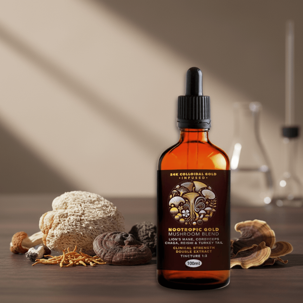 Nootropic 24k Gold 5 Mushroom Blend 100ml in a dropper bottle with mushrooms on a table.