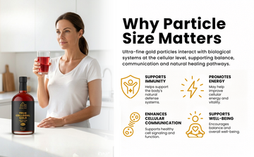Woman holding a glass of red     Woman drinking colloidal gold with particle size infographic and cellular communication wellness benefits