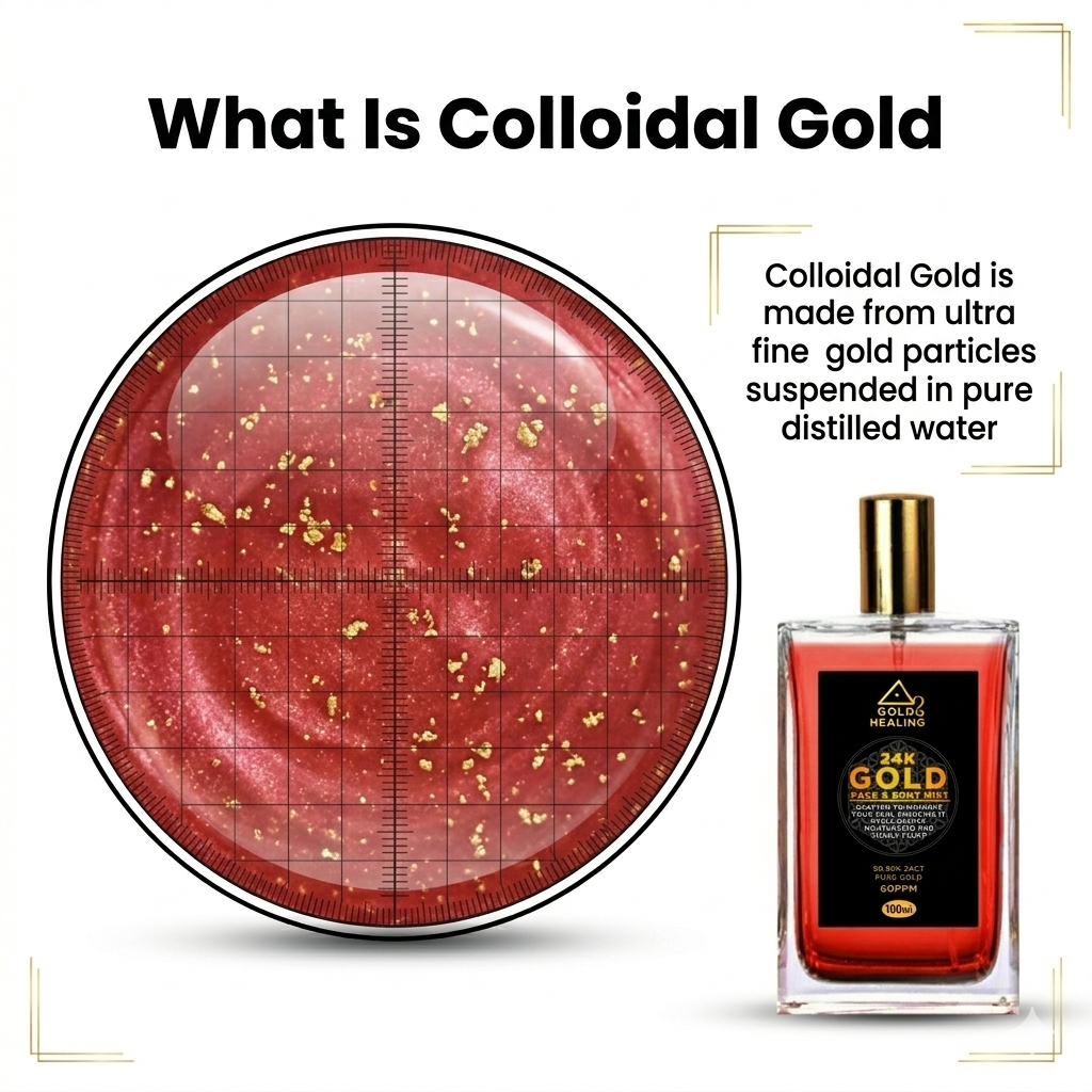 Colloidal gold product with a bottle and educational text about colloidal gold.