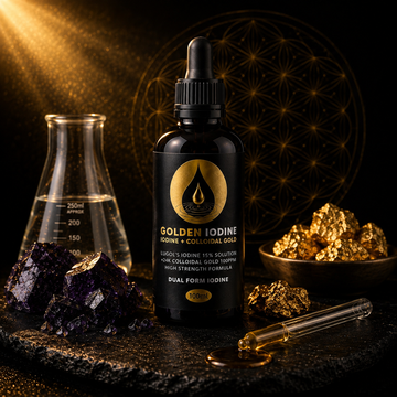 A black dropper bottle labeled 'GOLDEN IODINE' stands on a dark stone surface with gold leaf, crystals, and a glass beaker around it. The background is black with a glowing geometric symbol and warm golden light beams.