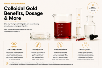 Colloidal gold benefits dosage and storage infographic showing concentration measurement and product quality guidance
