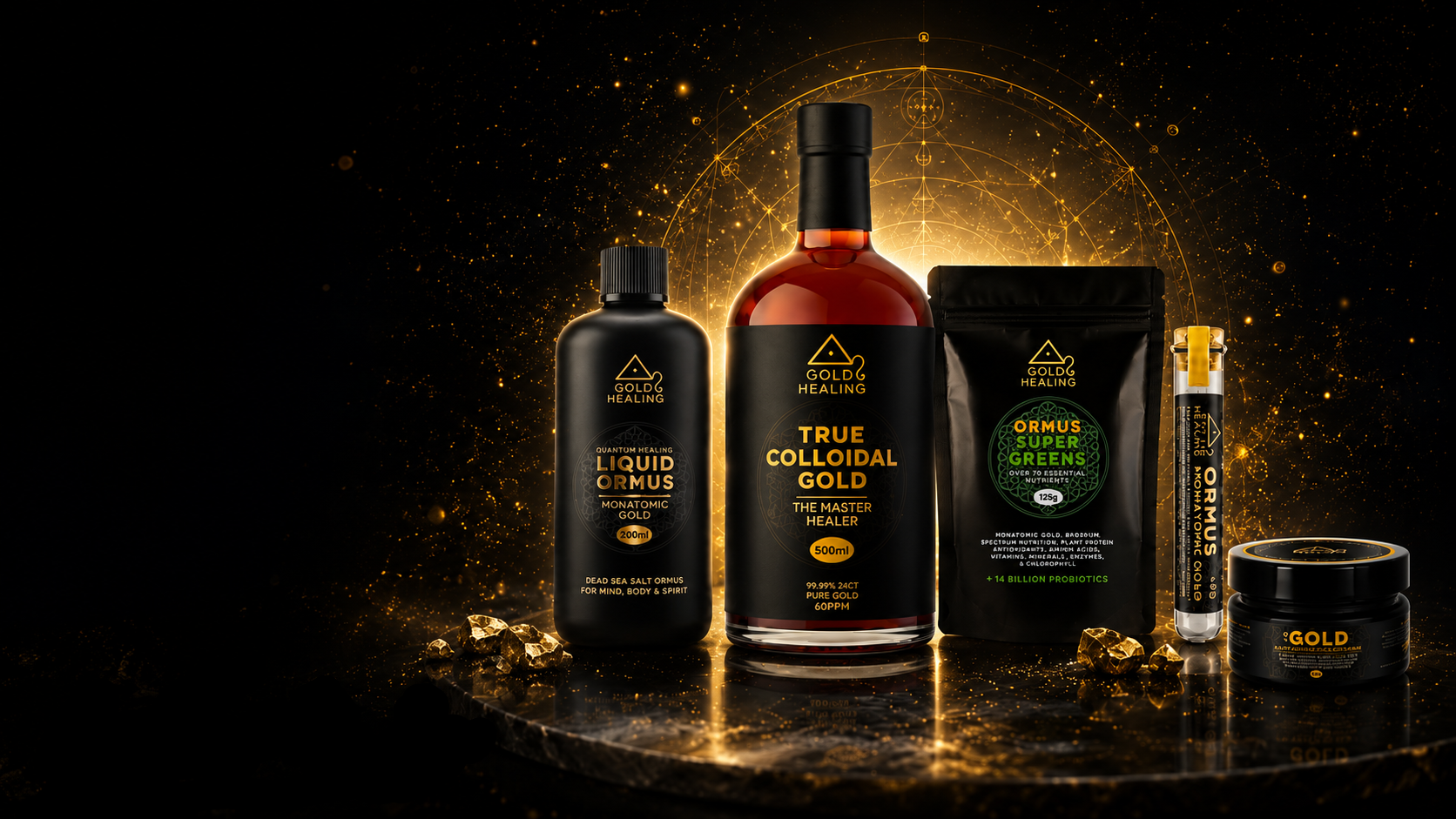 Collection of Gold Healing wellness products on a dark background with glowing elements.slider_item_kcbpbc