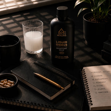 Gold Healing Liquid Ormus beside a morning wellness journal, supplements and minimalist desk setup for intentional daily routines