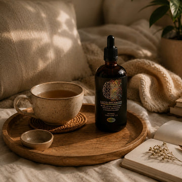 Gold Healing Lucid Dreaming herbal tincture in a calm evening setting with tea, soft textiles and a relaxing wellness atmosphere