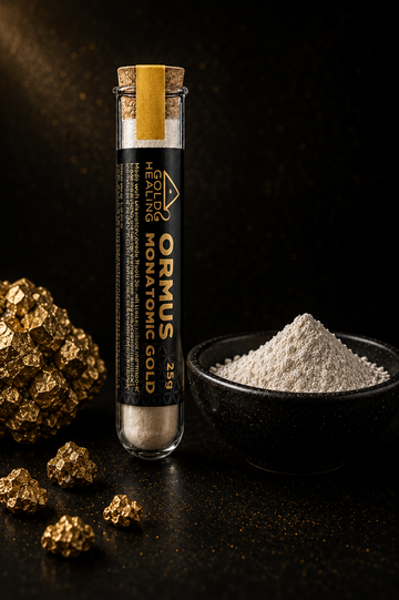 Gold Healing Monatomic Gold powder tube with white powder gold mineral blend on a dark premium background