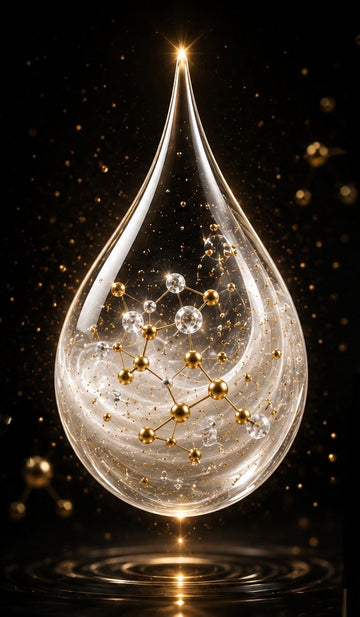 Ormus droplet with molecular structure on a dark background