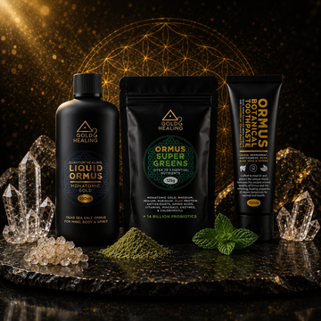 Gold Healing ORMUS collection featuring ORMUS Liquid, Monatomic Gold Powder and ORMUS SuperGreens together in a premium product display.