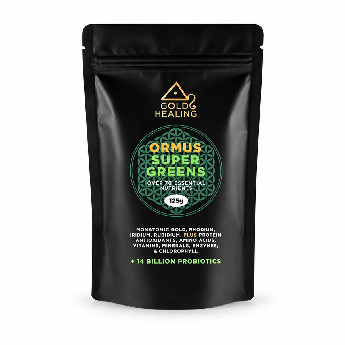 Gold Healing Ormus SuperGreens 125g resealable pouch with 70+ nutritional ingredients and probiotics