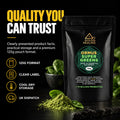 Gold Healing Ormus SuperGreens 125g pouch with clear label, storage guidance and UK dispatch