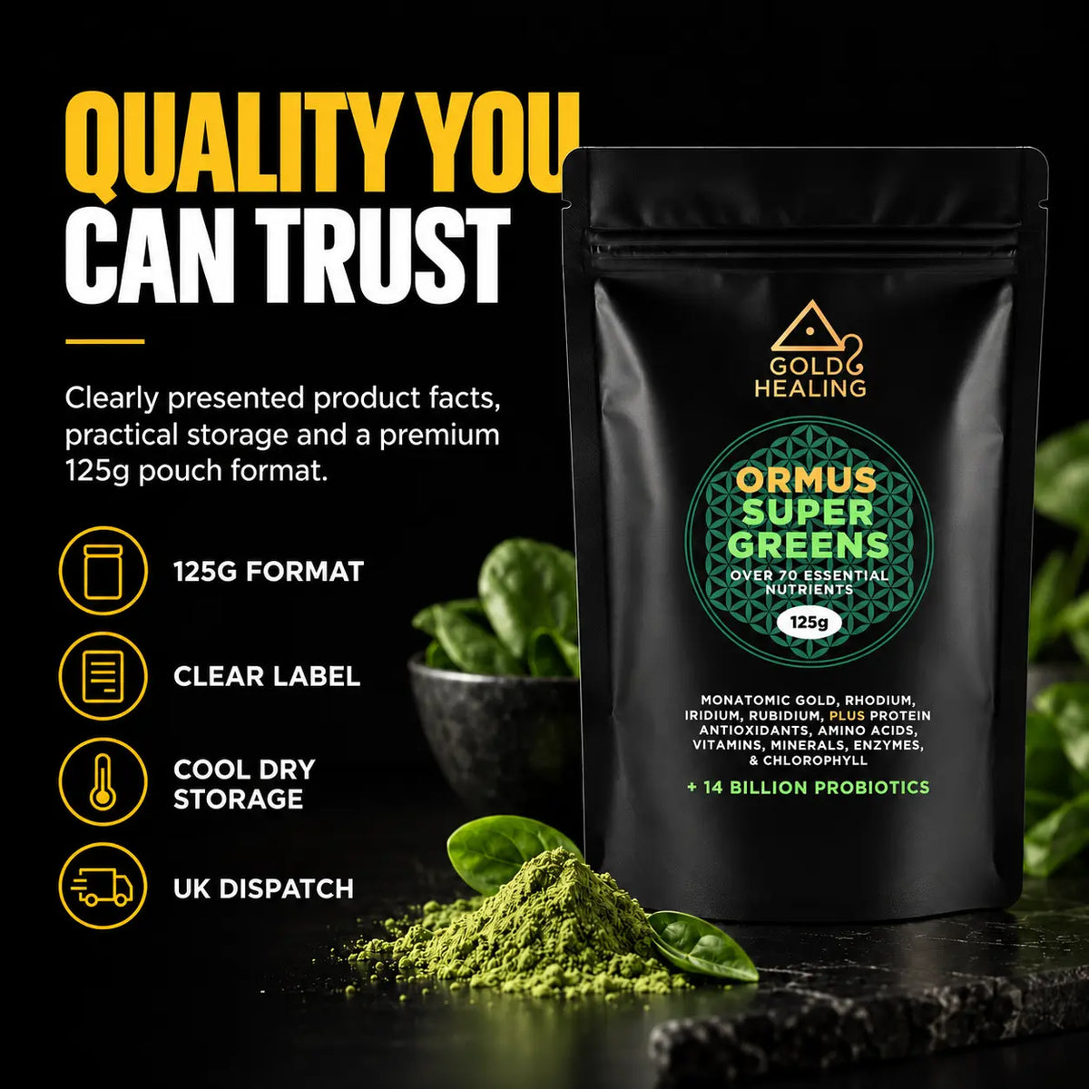 Gold Healing Ormus SuperGreens 125g pouch with clear label, storage guidance and UK dispatch