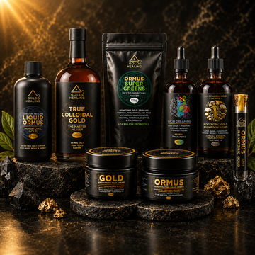 Gold Healing wellness collection featuring colloidal gold, ORMUS products, herbal tinctures and skincare